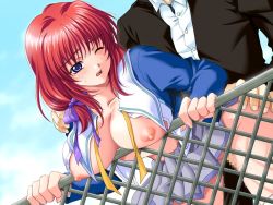 Rule 34 | 1boy, 1girl, ass, ass grab, blue eyes, breasts, censored, doggystyle, game cg, hetero, large breasts, nipples, open clothes, open mouth, open shirt, penis, pussy juice, red hair, school uniform, serafuku, sex, sex from behind, shirt, skirt, sky, thighhighs, white thighhighs