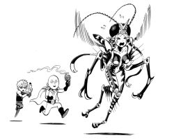 Rule 34 | 1girl, 2boys, :d, android, antennae, bald, belt, boots, breasts, cape, commentary request, extra eyes, fewer digits, flying, flying sweatdrops, genos, gloves, greyscale, horns, arthropod girl, insect wings, insecticide, medium breasts, monochrome, monster girl, mosquito coil, mosquito girl, mosquito musume, multiple boys, murata yuusuke, one-punch man, open mouth, pants, running, saitama (one-punch man), shirt, shoes, simple background, single horn, smile, superhero costume, white background, wings