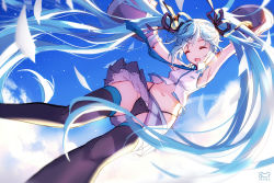 Rule 34 | 10s, 1girl, 2016, absurdly long hair, aqua hair, armpits, arms up, bison cangshu, black panties, dated, day, detached sleeves, closed eyes, hatsune miku, highres, long hair, midriff, navel, necktie, panties, skirt, sky, solo, thighhighs, twintails, underwear, very long hair, vocaloid