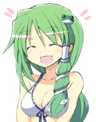 Rule 34 | 1girl, :d, ^ ^, bare shoulders, bikini, blush, breasts, cleavage, closed eyes, frog hair ornament, green hair, hair ornament, kochiya sanae, long hair, open mouth, satou kibi, simple background, smile, snake hair ornament, solo, swimsuit, touhou, upper body, white background
