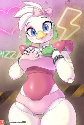 Rule 34 | beak, bird girl, blue eyes, bow, breasts, chica, commentary, earrings, english commentary, english text, five nights at freddy&#039;s, five nights at freddy&#039;s: security breach, flying sweatdrops, furry, furry female, glamrock chica, hair bow, hands on own chest, hazard stripes, highres, jewelry, joints, lipstick, makeup, neon lights, patreon username, robot, robot girl, robot joints, shepherd0821, studded bracelet, sweatdrop, white hair