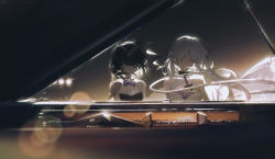 Rule 34 | 2girls, bare shoulders, black hair, bow, breasts, choker, cleavage, closed mouth, dress, closed eyes, highres, indoors, instrument, konya karasue, long hair, multiple girls, music, original, piano, playing instrument, purple bow, ribbed sweater, side-by-side, silver hair, sitting, sweater, wind, wind lift