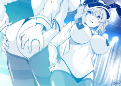 Rule 34 | 1girl, alternate costume, animal ears, ass, back, blue theme, blush, breasts, commentary request, cowboy shot, curtains, fake animal ears, flat cap, hair bobbles, hair ornament, hands on own ass, hat, heart pasties, highres, indoors, kagiyama shachou, kawashiro nitori, large breasts, long sleeves, looking at viewer, medium hair, meme attire, monochrome, multiple views, navel, open mouth, panties, pasties, reverse bunnysuit, reverse outfit, shrug (clothing), side-tie panties, sidelocks, sweat, thighhighs, touhou, two side up, underwear