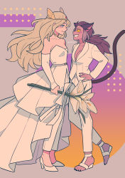 Rule 34 | 2girls, absurdres, adora (she-ra), animal ears, blonde hair, cat ears, cat tail, catra, dress, flower, hand on own hip, high heels, highres, jacket, looking at another, masters of the universe, multiple girls, ponytail, she-ra, she-ra and the princesses of power, simple background, suit jacket, tail, takamizo, tiara, wedding dress, white dress, yellow headwear