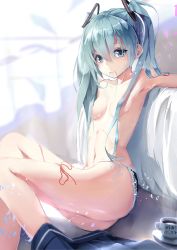 Rule 34 | 1girl, absurdres, aqua eyes, aqua hair, armpits, breasts, coffee, convenient censoring, cup, gradient background, hair censor, hatsune miku, highres, kentia, kentllaall, long hair, panties, side-tie panties, small breasts, solo, topless, twintails, underwear, vocaloid