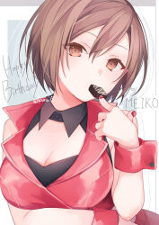 Rule 34 | 1girl, artist name, blush, breasts, brown eyes, brown hair, character name, chocolate, cleavage, eating, hair between eyes, happy birthday, jacket, kuroi (liar-player), looking at viewer, medium breasts, meiko (vocaloid), meiko (vocaloid3), nail polish, red jacket, red nails, shiny clothes, simple background, solo, twitter username, upper body, vocaloid