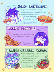 Rule 34 | 1girl, 2boys, ^ ^, basil (headspace) (omori), basil (omori), blush, bowl, bright pupils, character name, chibi, closed eyes, closed mouth, colored skin, cookie, eating, english text, facing viewer, flower, food, green eyes, green hair, green shirt, head wreath, heart, hero (headspace) (omori), hero (omori), highres, holding, holding bowl, holding food, looking at viewer, mari (headspace) (omori), mari (omori), multiple boys, neckerchief, omocat, omori, open mouth, overalls, purple eyes, purple hair, red neckerchief, salad, salad bowl, sandwich, shirt, short sleeves, smile, sparkle, thumbs up, white pupils, white skin