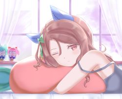 Rule 34 | 1girl, bad id, bad pixiv id, blue shirt, bow, character doll, character request, commentary request, curtains, from side, green bow, hair bow, horse girl, king halo (umamusume), long hair, looking at viewer, morning, hugging object, on bed, one eye closed, pillow, pillow hug, shirt, solo, strap slip, totosionz, umamusume, waking up, window, windowsill