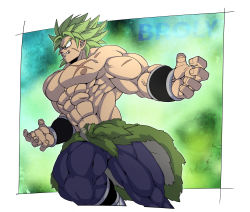 Rule 34 | 1boy, abs, absurdres, bad id, bad pixiv id, bara, black eyes, broly (dragon ball z), bulge, dragon ball, green hair, highres, large pectorals, male focus, medium hair, muscular, muscular male, navel, nipples, pants, pectorals, scar, scar on chest, skin tight, solo, spiked hair, stomach, thick thighs, thighs, tight clothes, tight pants, topless male, torawar