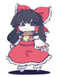 Rule 34 | 1girl, ascot, black eyes, black footwear, black hair, blush stickers, bow, brown scarf, chahan (fried rice0614), closed mouth, detached sleeves, hair bow, hair tubes, hakurei reimu, highres, japanese clothes, long hair, nontraditional miko, one-hour drawing challenge, red bow, red skirt, ribbon-trimmed sleeves, ribbon trim, scarf, shoes, sidelocks, simple background, skirt, smile, socks, solo, touhou, white background, white sleeves, white socks, wide sleeves, yellow ascot