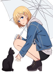 Rule 34 | 1girl, black footwear, blonde hair, blue eyes, blush, boots, cat, denim, denim jacket, from side, hair ornament, hairclip, high heel boots, high heels, highres, holding, holding umbrella, hood, hoodie, jacket, looking at viewer, open clothes, open jacket, original, parted lips, short hair, simple background, solo, squatting, umbrella, white background, yahiro (epicopeiidae)