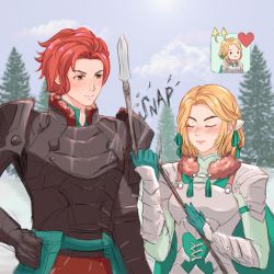 Rule 34 | 1boy, 1girl, aqua gloves, armor, arrow (symbol), blonde hair, blush, breastplate, chibi, commentary, dress, english commentary, closed eyes, fire emblem, fire emblem: three houses, forehead, fur trim, gloves, green dress, green ribbon, grin, hair ribbon, hand on own hip, heart, highres, ingrid brandl galatea, lishiori, looking at another, nintendo, nose blush, outdoors, pauldrons, polearm, red eyes, red hair, ribbon, short hair, shoulder armor, smile, spear, sylvain jose gautier, tree, upper body, weapon