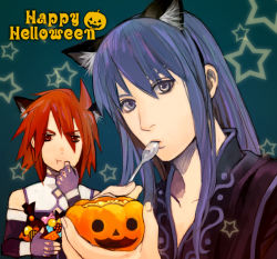 Rule 34 | 00s, 2boys, :t, animal ears, blue background, blue eyes, blue hair, candy, cat boy, cat ears, eating, food, gloves, halloween, happy halloween, jack-o&#039;-lantern, kapipa, kemonomimi mode, kratos aurion, long hair, male focus, multiple boys, pumpkin, red eyes, red hair, spoon, star (symbol), tales of (series), tales of symphonia, tales of vesperia, wrapped candy, yuri lowell