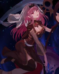 Rule 34 | 1girl, black nails, black thighhighs, breasts, cleavage, cloak, detached sleeves, fingernails, high heels, highres, hololive, hololive english, kanikama jan, long hair, mori calliope, nail polish, open mouth, pink eyes, pink hair, scythe, see-through, single thighhigh, smile, solo, spikes, thighhighs, tiara, torn, torn cloak, torn clothes, veil, virtual youtuber, weapon