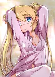 Rule 34 | 1girl, alternate costume, arms up, blonde hair, blue eyes, blurry, blurry background, blush, bra, bra peek, breasts, ca2la, casual, cleavage, commentary, cowboy shot, double bun, dress shirt, eyelashes, eyepatch, hair between eyes, hair bun, head tilt, highres, long hair, long sleeves, looking at viewer, nakatsu shizuru, one eye covered, parted lips, pink bra, pink shirt, rewrite, shirt, simple background, sitting, small breasts, solo, spiked hair, thighhighs, twintails, underwear, very long hair, white thighhighs, yellow background