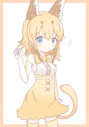 Rule 34 | 1girl, animal ear fluff, animal ears, bare shoulders, blue eyes, blush, bow, bowtie, breasts, brown background, brown bow, brown bowtie, brown hair, brown skirt, brown thighhighs, caracal (kemono friends), center frills, closed mouth, commentary request, elbow gloves, frills, gloves, hair between eyes, hand up, heart, high-waist skirt, highres, kemono friends, looking at viewer, shirt, skirt, sleeveless, sleeveless shirt, small breasts, smile, solo, standing, sunanuko (ramuneko), tail, thighhighs, traditional bowtie, two-tone background, white background, white gloves, white shirt