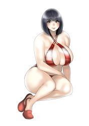 Rule 34 | 1girl, bare arms, bare shoulders, bikini, black hair, bob cut, breasts, brown eyes, closed mouth, collarbone, full body, highres, large breasts, mature female, ooshima ryou, original, pink lips, red bikini, red footwear, short hair, simple background, sitting, slippers, smile, solo, swimsuit, white background