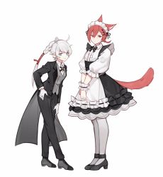 Rule 34 | 1boy, 1girl, alisaie leveilleur, animal ears, apron, blue eyes, butler, cat ears, cat tail, chaffxiv, crossdressing, elezen, elf, final fantasy, final fantasy xiv, formal, g&#039;raha tia, gloves, leaning forward, looking at viewer, maid, maid apron, maid headdress, miqo&#039;te, pantyhose, pointy ears, red eyes, red hair, scrunchie, short hair, silver hair, simple background, smile, suit, tail, white gloves, wrist scrunchie