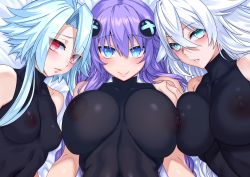 Rule 34 | 3girls, absurdres, bare shoulders, bed, black heart (neptunia), black leotard, blanc (neptunia), blue eyes, blue hair, blush, breast press, breasts, closed mouth, covered erect nipples, hair between eyes, hair ornament, highres, large breasts, leotard, lips, long hair, looking at viewer, multiple girls, neptune (neptunia), neptune (series), nipple press, nipple stimulation, nipples, noire (neptunia), nyamota, parted lips, purple heart (neptunia), red eyes, short hair, sidelocks, skin tight, small breasts, smile, symbol-shaped pupils, upper body, white hair, white heart (neptunia)