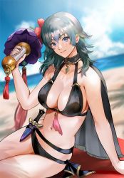 Rule 34 | 1girl, bikini, black bikini, blue eyes, blue hair, blue sky, breasts, byleth (female) (fire emblem), byleth (female) (summer) (fire emblem), byleth (fire emblem), cleavage, closed mouth, cloud, dagger, day, fire emblem, fire emblem: three houses, fire emblem heroes, flower, hair flower, hair ornament, highres, holding, knife, nintendo, official alternate costume, sevenven, sheath, sheathed, sky, smile, solo, swimsuit, weapon