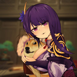 Rule 34 | 1girl, animal ears, armor, bare shoulders, between breasts, blush, breasts, bridal gauntlets, commentary request, dog, dog ears, doge, flower, genshin impact, hair ornament, highres, japanese clothes, kimono, korean commentary, large breasts, long hair, long sleeves, looking at viewer, mixed-language commentary, mole, mole under eye, nail polish, open mouth, parted lips, petting, purple eyes, purple flower, purple hair, purple nails, raiden shogun, ribbon, sexually suggestive, shiba inu, shoulder armor, solo, sparkle, speed lines, taroumaru (genshin impact), uncolorcube, wide sleeves