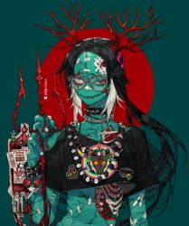 Rule 34 | 1girl, antlers, aqua background, bandages, barcode, bead necklace, beads, black hair, blood, blood bag, bloody bandages, blue skin, bow, bra strap, bracelet, chain, chain necklace, circle, collar, colored skin, crop top, cross, english text, exposed bone, exposed muscle, glasses, goat, hair ornament, hairpin, heterochromia, highres, holding, holding weapon, horns, hospital band, inverted cross, jewelry, long hair, looking at viewer, monster girl, multicolored hair, multicolored nails, nail polish, navel, necklace, original, parted bangs, pigeon666, polearm, ponytail, print shirt, scar, shirt, simple background, solo, spiked bracelet, spiked collar, spikes, stitched mouth, stitches, trident, two-tone hair, weapon, white hair
