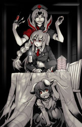 Rule 34 | 3girls, animal ears, between fingers, black hair, braid, candle, carrot, chair, crescent, dark, dress, evil grin, evil smile, grey eyes, grin, hair ornament, hat, holding, inaba tewi, jacket, jewelry, long hair, long sleeves, looking at another, looking away, looking up, monochrome, multiple girls, necklace, necktie, niandni, nurse cap, open mouth, puffy sleeves, rabbit ears, red eyes, reisen udongein inaba, scalpel, shaded face, short hair, short sleeves, silver hair, smile, spot color, syringe, syringe claws, touhou, under table, vest, yagokoro eirin