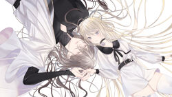 Rule 34 | 1boy, 1girl, absurdly long hair, absurdres, age difference, belt, bishounen, black choker, black nails, black ribbon, black shirt, blonde hair, brooch, choker, collared dress, couple, dress, eye contact, grey eyes, grey hair, hetero, highres, holding hands, jewelry, long hair, long sleeves, looking at another, lying, msa (fary white), nail polish, neck ribbon, off shoulder, on back, original, parted lips, ribbon, robe, shirt, simple background, slit pupils, smile, thighhighs, very long hair, white background, white dress, white robe, white thighhighs