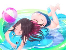 Rule 34 | 1girl, ama mitsuki, ass, ball, barefoot, beachball, blush, brown hair, butt crack, closed eyes, denim, denim shorts, downpants, feet, food, inflatable dolphin, inflatable raft, inflatable toy, long hair, lying, mouth hold, on stomach, original, panties, panty peek, panty slip, partially submerged, pool, popsicle, short shorts, shorts, solo, striped clothes, striped panties, toes, underwear, wading pool, water, wet, wet clothes, wet hair