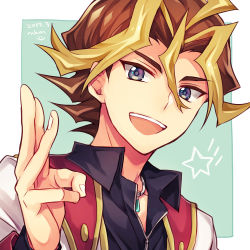 Rule 34 | 1boy, :d, blonde hair, brown hair, dyed bangs, hand gesture, looking at viewer, lowres, male focus, mikami (mkm0v0), multicolored hair, open mouth, sawatari shingo, school uniform, smile, solo, two-tone hair, upper body, yu-gi-oh!, yu-gi-oh! arc-v