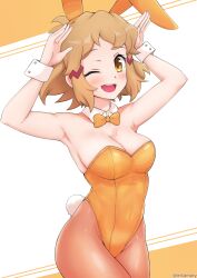 Rule 34 | 1girl, absurdres, animal ears, bow, bowtie, breasts, brown pantyhose, cleavage, cowboy shot, detached collar, highres, leotard, light brown hair, looking at viewer, medium breasts, mitamory, open mouth, orange bow, orange bowtie, orange eyes, orange leotard, pantyhose, playboy bunny, rabbit ears, rabbit pose, rabbit tail, round teeth, senki zesshou symphogear, short hair, smile, solo, strapless, strapless leotard, tachibana hibiki (symphogear), tail, teeth, upper teeth only, wrist cuffs, yellow eyes