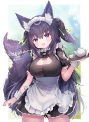 Rule 34 | 1girl, :d, absurdres, alternate costume, animal ear fluff, animal ears, apron, black bow, black dress, blush, bow, breasts, cleavage, cleavage cutout, clothing cutout, commentary request, copyright request, cup, dog ears, dog girl, dog tail, dress, enmaided, fang, fox cutout, frilled apron, frilled skirt, frills, green ribbon, hair between eyes, hair bow, hair ribbon, head tilt, highres, holding, holding tray, large breasts, long hair, maid, maid headdress, open mouth, pleated dress, puffy short sleeves, puffy sleeves, purple eyes, purple hair, quon tama, ribbon, rucaco, short sleeves, signature, skirt, smile, solo, tail, tail raised, teacup, teapot, translation request, tray, two side up, very long hair, virtual youtuber, white apron, wrist cuffs