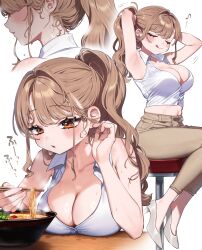 Rule 34 | 1girl, :q, absurdres, armpits, arms behind head, arms up, bare shoulders, blush, bowl, breasts, brown hair, brown pants, chopsticks, cleavage, collarbone, commentary request, crop top, food, full body, high heels, highres, holding, holding chopsticks, kodama&#039;s elder sister (sakura yuki), large breasts, midriff, multiple views, musical note, navel, noodles, orange hair, original, pants, ponytail, sakura yuki (clochette), shirt, simple background, sitting, sleeveless, smile, steam, sweat, sweet, tongue, tongue out, tying hair, white background, white shirt