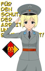 Rule 34 | 1girl, belt, blonde hair, blue eyes, buckle, coat of arms, east german flag, east germany, east germany military uniform, erica hartmann, german text, grey jacket, grey shirt, grey skirt, grey tunic, hat, highres, jacket, leather belt, looking at viewer, military, military hat, military uniform, nva ddr, salute, shirt, simple background, skirt, smile, strap, strike witches, uniform, white background, world witches series, yamada yokohama, zionism