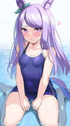 Rule 34 | 1girl, animal ears, blush, breasts, cleavage, collarbone, colored eyelashes, commentary request, hair ornament, highres, horse ears, horse tail, kibihimi, looking at viewer, mejiro mcqueen (umamusume), navel, open mouth, purple eyes, purple hair, school swimsuit, school uniform, seiza, simple background, sitting, small breasts, solo, swimsuit, tail, umamusume, wet