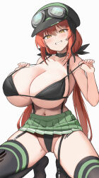 Rule 34 | 1girl, absurdres, bikini, black bikini, black collar, black ribbon, black thighhighs, blush, breasts, cabbie hat, cleavage, collar, commission, copyright request, garter straps, goggles, goggles on headwear, green hat, green skirt, grey background, hair ribbon, hat, highres, huge breasts, large breasts, long hair, looking at viewer, low twintails, navel, pleated skirt, red hair, ribbon, simple background, skirt, smile, solo, squatting, strap pull, suspenders, swimsuit, thighhighs, twin (tt lsh), twintails, yellow eyes