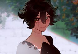 Rule 34 | 1girl, almonde jagger (nyantcha), black hair, blurry, blurry background, looking at viewer, nyantcha, outdoors, portrait, red eyes, scar, scar across eye, short hair, smile