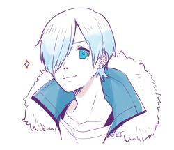Rule 34 | 1boy, blue eyes, blue jacket, closed mouth, collarbone, copyright request, cropped torso, earrings, fur-trimmed jacket, fur trim, hair over one eye, highres, jacket, jewelry, looking at viewer, male focus, mole, mole under eye, open clothes, open jacket, sakura chiyo (konachi000), shirt, solo, sparkle, upper body, virtual youtuber, white hair, white shirt