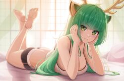 Rule 34 | 1girl, animal ear fluff, animal ears, antlers, ass, barefoot, black shorts, bokuboyarts, breasts, cleavage, commentary, deer ears, english commentary, feet, feet up, green eyes, green hair, hands on own cheeks, hands on own face, haruka karibu, highres, horns, large breasts, legs, legs up, long hair, looking at viewer, lying, on bed, on stomach, pink shirt, reindeer antlers, reindeer girl, shirt, shorts, smile, soles, the pose, toes, virtual youtuber, vshojo