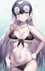 Rule 34 | 1girl, absurdres, ahoge, ale nqki, bare shoulders, bikini, bikini tug, black bikini, blush, bracelet, breasts, cleavage, collarbone, commentary request, cowboy shot, fate/grand order, fate (series), front-tie top, groin, hair between eyes, hand in bikini, hand on own hip, head tilt, headpiece, highres, jeanne d&#039;arc (fate), jeanne d&#039;arc alter (avenger) (fate), jeanne d&#039;arc alter (fate), jewelry, large breasts, long hair, looking at viewer, medium breasts, multi-strapped bikini, navel, necklace, o-ring, o-ring top, open mouth, pale skin, sidelocks, silver hair, solo, stomach, swimsuit, very long hair, wet, yellow eyes