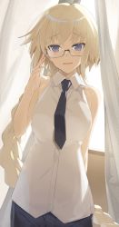 Rule 34 | 1girl, adjusting eyewear, bare arms, bare shoulders, bespectacled, black necktie, blonde hair, blue eyes, blush, braid, breasts, fate/apocrypha, fate (series), glasses, hayashi kewi, highres, jeanne d&#039;arc (fate), jeanne d&#039;arc (girl from orleans) (fate), jeanne d&#039;arc (ruler) (fate), long hair, looking at viewer, medium breasts, necktie, parted lips, semi-rimless eyewear, shirt, single braid, sleeveless, sleeveless shirt, smile, solo, under-rim eyewear, upper body, very long hair, white shirt
