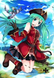 Rule 34 | 2girls, animal, aqua eyes, aqua hair, bird, blank eyes, boots, breasts, chibi, cloud, cloudy sky, day, detached sleeves, dual persona, flying, full body, gloves, hachune miku, hat, hato (vocaloid), hatsune miku, headset, highres, horizon, long hair, medium breasts, mini person, minigirl, multiple girls, ocean, open mouth, pigeon, pirate, pirate hat, riding, sash, skirt, sky, spring onion, squchan, tricorne, twintails, very long hair, vocaloid, watermark, web address, wide sleeves