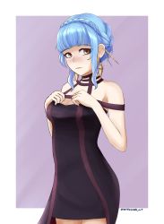 Rule 34 | 1girl, absurdres, alternate costume, black dress, blue hair, blush, border, braid, breasts, cosplay, crown braid, dress, earrings, fire emblem, fire emblem: three houses, french braid, hands on own chest, highres, jewelry, looking at viewer, marianne von edmund, medium breasts, nervous, nettleseeds, nintendo, nose blush, outside border, purple background, sidelocks, solo, spy x family, twitter username, white border, yellow eyes, yor briar, yor briar (cosplay)