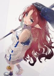 Rule 34 | 1girl, apple, arknights, black gloves, blue eyes, brown hair, doctor (arknights), flag, food, fruit, gloves, golden apple, hand on another&#039;s head, headpat, highres, holding, holding flag, long hair, looking at viewer, looking back, myrtle (arknights), pointy ears, simple background, socks, solo focus, white background, yatsuha (hachiyoh)