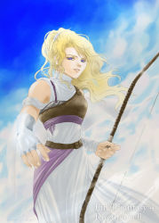 Rule 34 | 1990s (style), 1girl, blonde hair, blue eyes, bow (weapon), cloud, dress, female focus, final fantasy, final fantasy iv, fingerless gloves, gloves, long hair, outdoors, ponytail, rosa farrell, sky, solo, the sky lost the moon, weapon