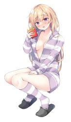Rule 34 | 1girl, absurdres, bad id, bad pixiv id, black footwear, blonde hair, blue nails, blush, breasts, collarbone, commentary request, food, french fries, full body, hair between eyes, head tilt, highres, hirari, holding, holding food, hood, hood down, hooded jacket, jacket, long hair, long sleeves, loungewear, medium breasts, nail polish, open clothes, open jacket, open mouth, original, purple eyes, short shorts, shorts, simple background, sleeves past wrists, slippers, socks, solo, squatting, striped clothes, striped jacket, striped shorts, striped socks, very long hair, white background