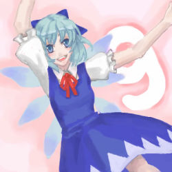 Rule 34 | 1girl, \o/, arms up, circled 9, cirno, dress, female focus, gradient background, lowres, oekaki, outstretched arms, phantasmagoria of flower view, solo, touhou