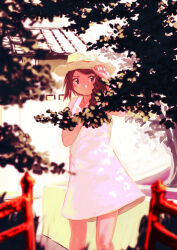 Rule 34 | 1girl, blush, braid, brown eyes, brown hair, building, closed mouth, commentary request, dappled sunlight, dress, hand up, hat, highres, inami hatoko, long hair, looking at viewer, nature, original, single braid, sleeveless, sleeveless dress, solo, sun hat, sundress, sunlight, white dress