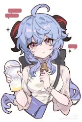 Rule 34 | 1girl, ahoge, alternate costume, artist request, bad source, bag, bell, blue hair, bow, breasts, closed mouth, cup, disposable cup, ganyu (genshin impact), ganyu (heytea) (genshin impact), genshin impact, handbag, highres, holding, holding cup, horns, long hair, looking at viewer, medium breasts, milk tea, neck bell, shirt, sidelocks, simple background, solo, sparkle, upper body, white background, white shirt