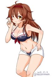 Rule 34 | 1girl, bikini, black bikini, brown eyes, brown hair, commentary request, feet out of frame, hair flaps, hairband, index finger raised, kantai collection, long hair, looking at viewer, masara (chuujou), one-hour drawing challenge, open fly, red hairband, remodel (kantai collection), shiratsuyu (kancolle), shorts, simple background, smile, solo, swimsuit, white background, white shorts